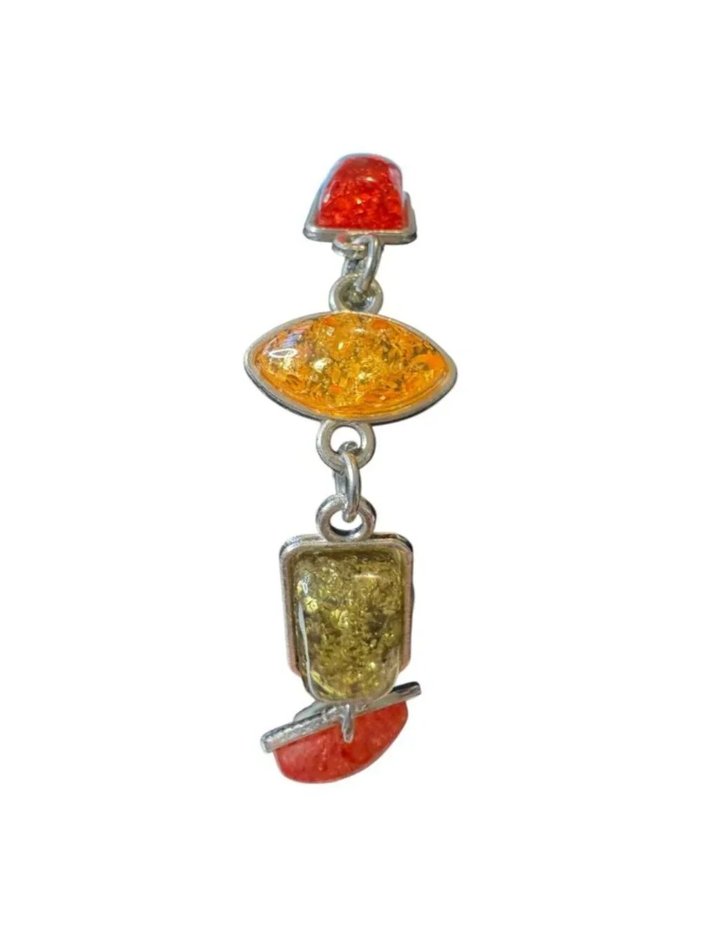 Multicolor Amber Stone & Sterling Silver Link Bracelet 7.5 Inches Lobster Clasp